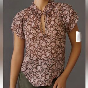 Anthropologie V Neck Flutter Sleeve Blouse Floral Brown Short Sleeve Top w Tie M